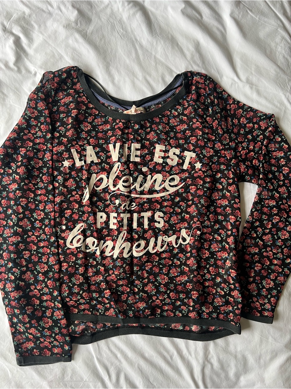 Sheer Floral Print Black & Red Crewneck Sweater with Script